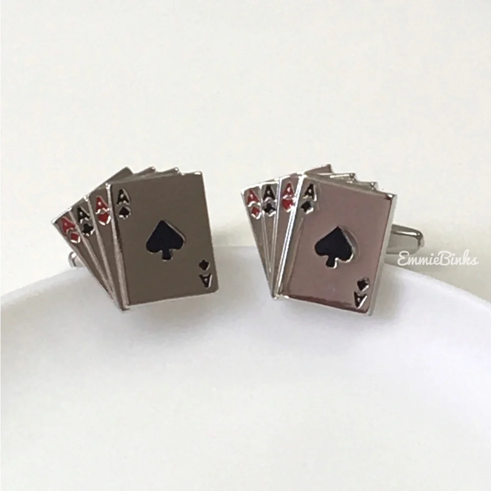 New Aces Wild Four Ace Silver Playing Card Cufflinks ~ Poker ~Groom / Best Man